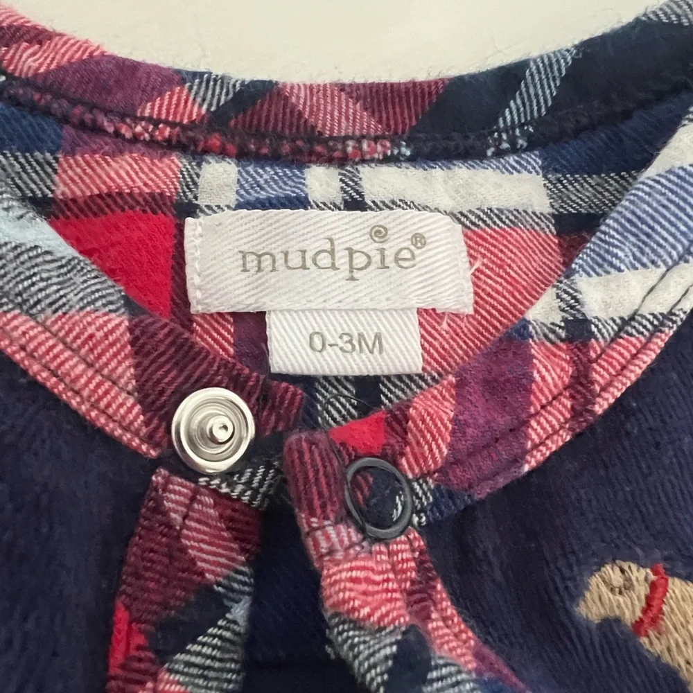 Mud Pie Navy Velour Puppy Dog Footed Sleeper Pajamas 0-3M Plaid Trim Unisex